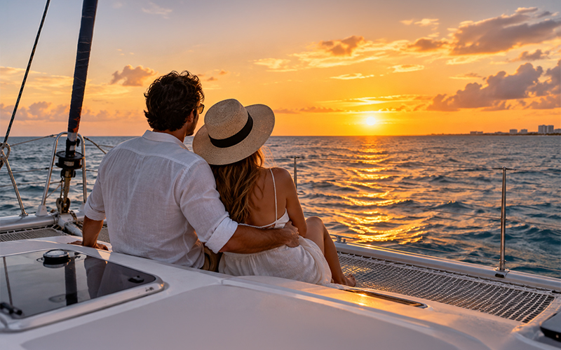 Couple enjoying the sunset from a catamaran in Cancun
